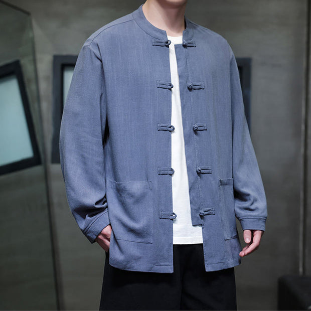 Buddha Stones Casual Plain Color Frog-button Linen Men's Jacket Shirt With Pockets Men's Jacket Shirt BS 7