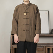 Buddha Stones Solid Color Frog-button Tang Suit Cotton Linen Men's Jacket Shirt With Pockets