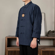 Buddha Stones Solid Color Frog-button Tang Suit Cotton Linen Men's Jacket Shirt With Pockets