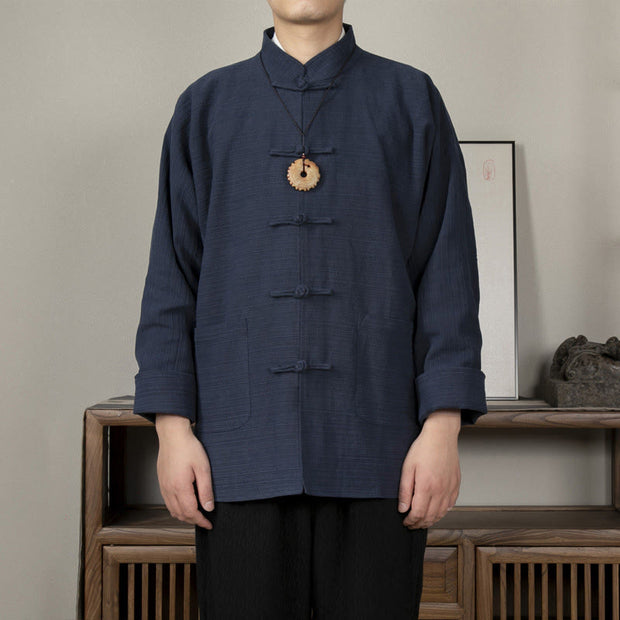 Buddha Stones Solid Color Frog-button Tang Suit Cotton Linen Men's Jacket Shirt With Pockets