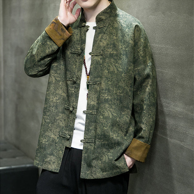 Buddha Stones Leaves Flower Frog-button Tang Suit Cotton Men's Jacket Shirt Men's Jacket Shirt BS 4