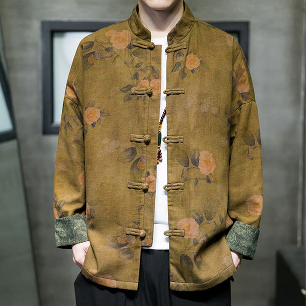 Buddha Stones Leaves Flower Frog-button Tang Suit Cotton Men's Jacket Shirt