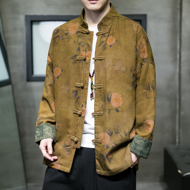 Buddha Stones Leaves Flower Frog-button Tang Suit Cotton Men's Jacket Shirt