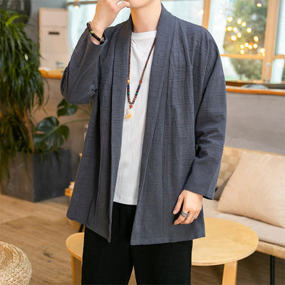 Buddha Stones Fall Simple Loose Plain Linen Blend Men's Mid-length Coat Clothing