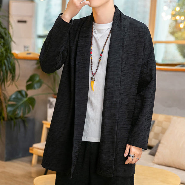 Buddha Stones Fall Simple Loose Plain Linen Blend Men's Mid-length Coat Clothing