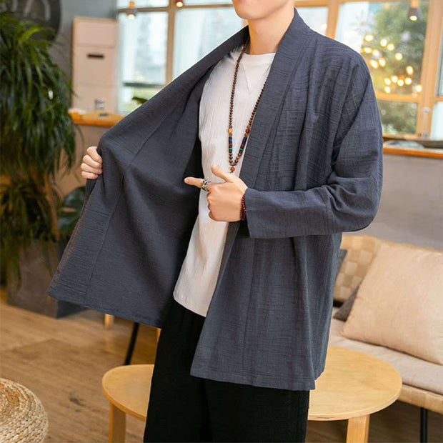 Buddha Stones Fall Simple Loose Plain Linen Blend Men's Mid-length Coat Clothing Men's Coat BS 3