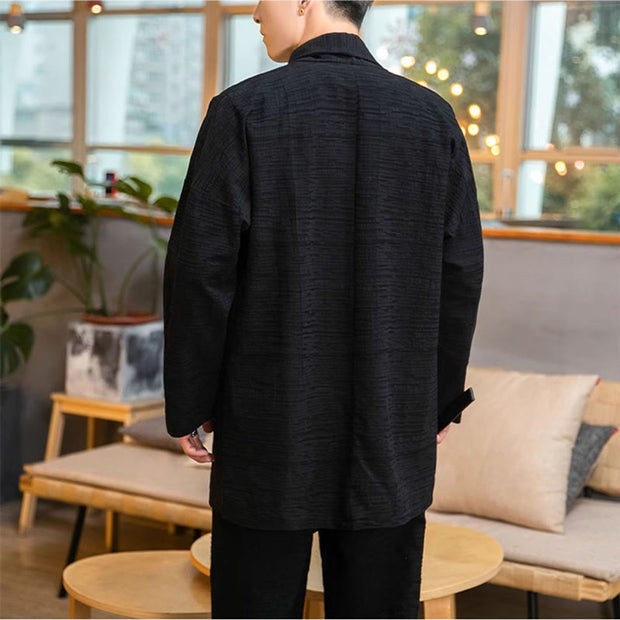 Buddha Stones Fall Simple Loose Plain Linen Blend Men's Mid-length Coat Clothing Men's Coat BS 10