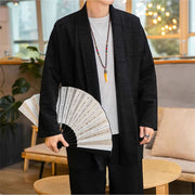 Buddha Stones Fall Simple Loose Plain Linen Blend Men's Mid-length Coat Clothing Men's Coat BS 8