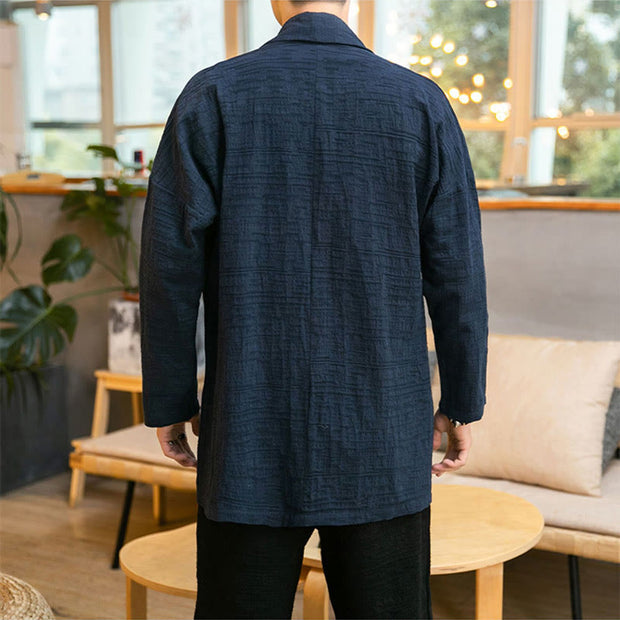 Buddha Stones Fall Simple Loose Plain Linen Blend Men's Mid-length Coat Clothing Men's Coat BS 20