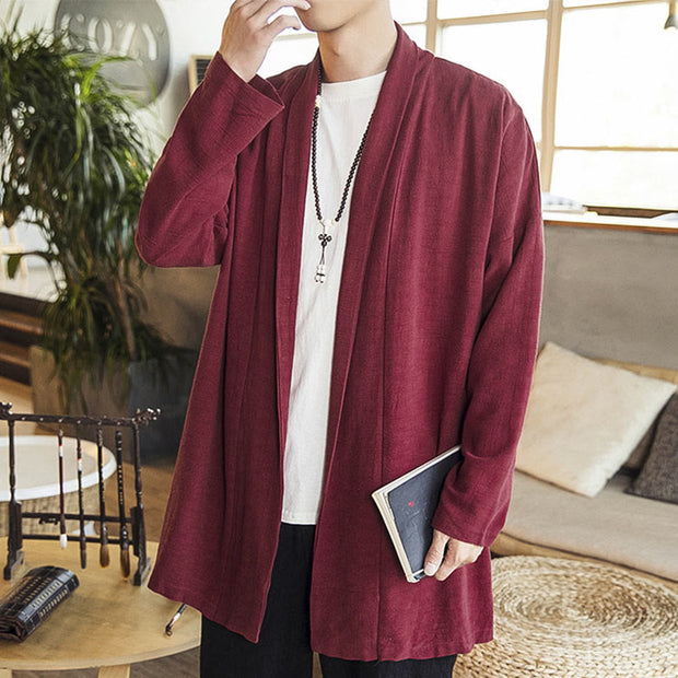 Buddha Stones Fall Simple Casual Cotton Linen Men's Mid-length Coat Clothing Men's Coat BS 1