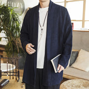 Buddha Stones Fall Simple Casual Cotton Linen Men's Mid-length Coat Clothing Men's Coat BS MidnightBlue US/UK/AU42，EU52 (3XL)