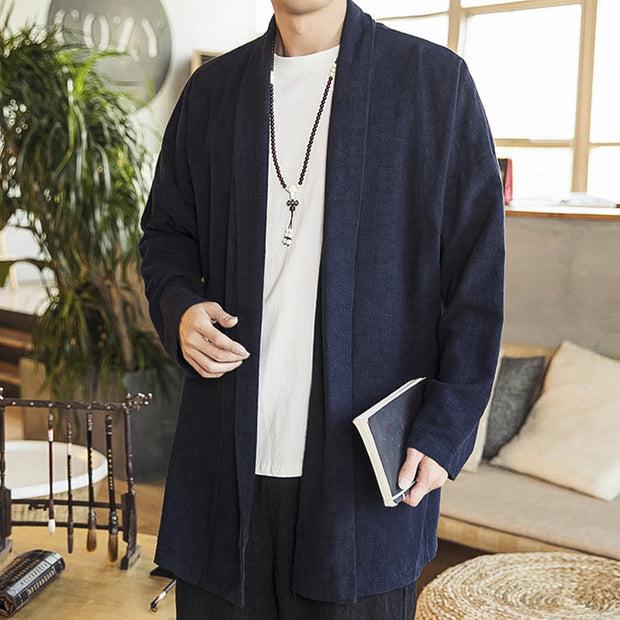 Buddha Stones Fall Simple Casual Cotton Linen Men's Mid-length Coat Clothing Men's Coat BS MidnightBlue US/UK/AU42，EU52 (3XL)