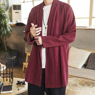 Buddha Stones Fall Simple Casual Cotton Linen Men's Mid-length Coat Clothing Men's Coat BS DarkRed US/UK/AU42，EU52 (3XL)