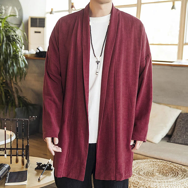 Buddha Stones Fall Simple Casual Cotton Linen Men's Mid-length Coat Clothing Men's Coat BS 4