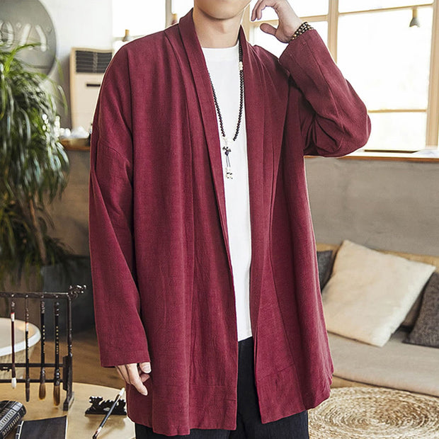 Buddha Stones Fall Simple Casual Cotton Linen Men's Mid-length Coat Clothing Men's Coat BS 3