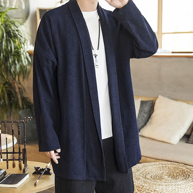 Buddha Stones Fall Simple Casual Cotton Linen Men's Mid-length Coat Clothing Men's Coat BS 6