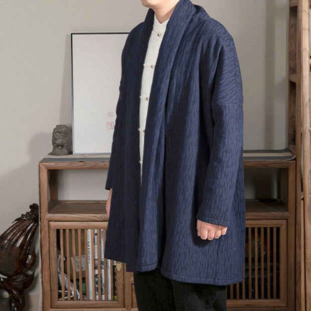 Buddha Stones Fall Simple Jacquard Zen Plush Cotton Lined Men's Mid-length Coat Clothing