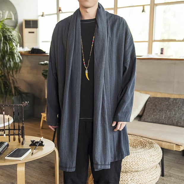 Buddha Stones Fall Simple Casual Loose Plain Linen Blend Men's Mid-length Coat Clothing