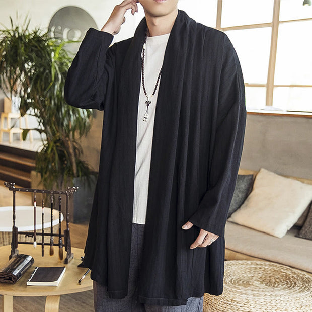 Buddha Stones Fall Simple Casual Loose Plain Linen Blend Men's Mid-length Coat Clothing