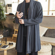 Buddha Stones Fall Simple Casual Loose Plain Linen Blend Men's Mid-length Coat Clothing Men's Coat BS 1