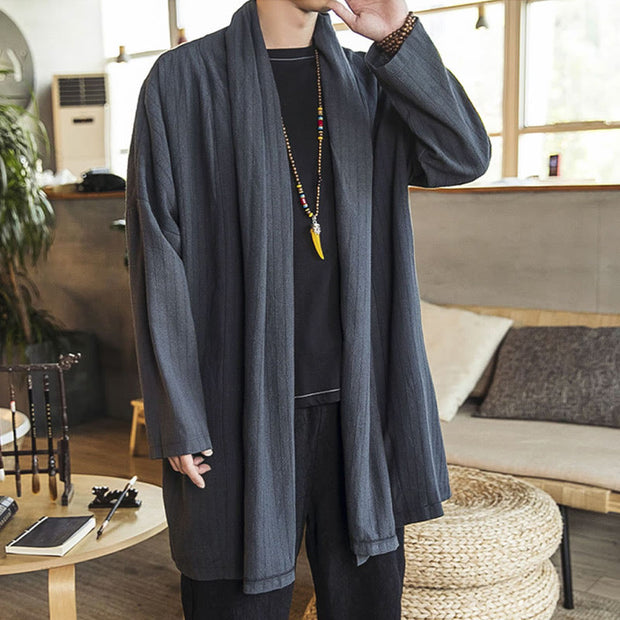 Buddha Stones Fall Simple Casual Loose Plain Linen Blend Men's Mid-length Coat Clothing Men's Coat BS 3