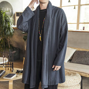 Buddha Stones Fall Simple Casual Loose Plain Linen Blend Men's Mid-length Coat Clothing