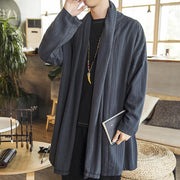 Buddha Stones Fall Simple Casual Loose Plain Linen Blend Men's Mid-length Coat Clothing