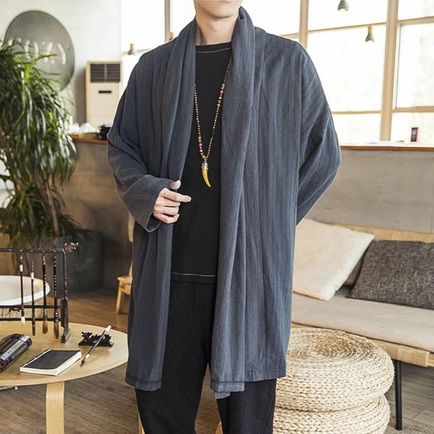 Buddha Stones Fall Simple Casual Loose Plain Linen Blend Men's Mid-length Coat Clothing Men's Coat BS 7