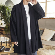 Buddha Stones Fall Simple Casual Loose Plain Linen Blend Men's Mid-length Coat Clothing