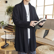 Buddha Stones Fall Simple Casual Loose Plain Linen Blend Men's Mid-length Coat Clothing