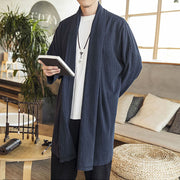 Buddha Stones Fall Simple Casual Loose Plain Linen Blend Men's Mid-length Coat Clothing Men's Coat BS 16