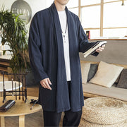 Buddha Stones Fall Simple Casual Loose Plain Linen Blend Men's Mid-length Coat Clothing Men's Coat BS 18