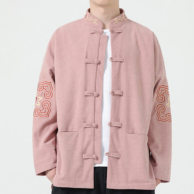 Buddha Stones Men's Frog-button Tang Suit Symmetrical Embroidery Cotton Corduroy Jacket Shirt With Pockets Men's Jacket Shirt BS Pink US/UK/AU46，EU56 (5XL)