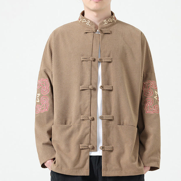 Buddha Stones Men's Frog-button Tang Suit Symmetrical Embroidery Cotton Corduroy Jacket Shirt With Pockets Men's Jacket Shirt BS Tan US/UK/AU46，EU56 (5XL)