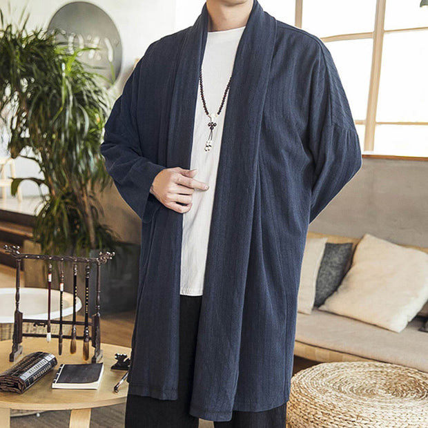 Buddha Stones Fall Simple Casual Loose Plain Linen Blend Men's Mid-length Coat Clothing Men's Coat BS 19