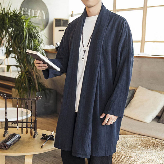 Buddha Stones Fall Simple Casual Loose Plain Linen Blend Men's Mid-length Coat Clothing Men's Coat BS 17