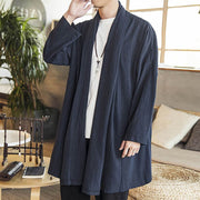 Buddha Stones Fall Simple Casual Loose Plain Linen Blend Men's Mid-length Coat Clothing Men's Coat BS 21