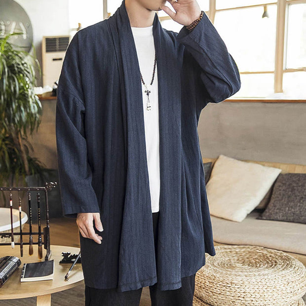 Buddha Stones Fall Simple Casual Loose Plain Linen Blend Men's Mid-length Coat Clothing Men's Coat BS 20