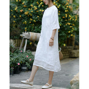 Buddha Stones Dandelion Flower Embroidery Half Sleeve Ramie Linen Chinese Cheongsam Midi Dress With Pockets