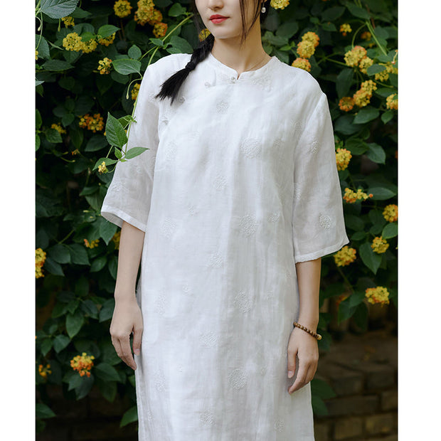 Buddha Stones Dandelion Flower Embroidery Half Sleeve Ramie Linen Chinese Cheongsam Midi Dress With Pockets