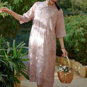 Buddha Stones Dandelion Flower Embroidery Half Sleeve Ramie Linen Chinese Cheongsam Midi Dress With Pockets