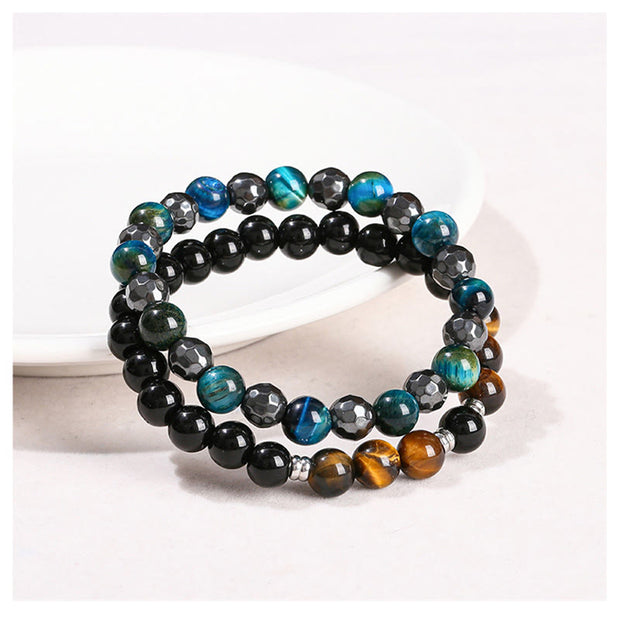 Buddha Stones 2Pcs Hematite Tiger Eye Blue Tiger Eye Powerful Bracelet Set