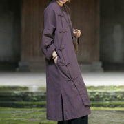 Buddha Stones Solid Color Frog-Button Long Sleeve Ramie Linen Cotton Midi Dress With Pockets Midi Dress BS 21