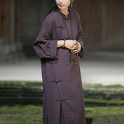 Buddha Stones Solid Color Frog-Button Long Sleeve Ramie Linen Cotton Midi Dress With Pockets Midi Dress BS 23