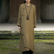 Buddha Stones Solid Color Frog-Button Long Sleeve Ramie Linen Cotton Midi Dress With Pockets