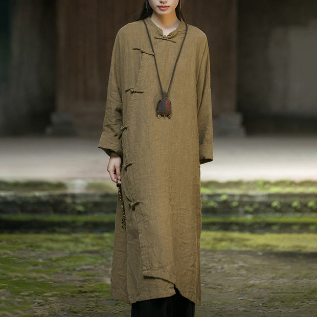 Buddha Stones Solid Color Frog-Button Long Sleeve Ramie Linen Cotton Midi Dress With Pockets Midi Dress BS 1