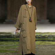 Buddha Stones Solid Color Frog-Button Long Sleeve Ramie Linen Cotton Midi Dress With Pockets