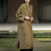 Buddha Stones Solid Color Frog-Button Long Sleeve Ramie Linen Cotton Midi Dress With Pockets