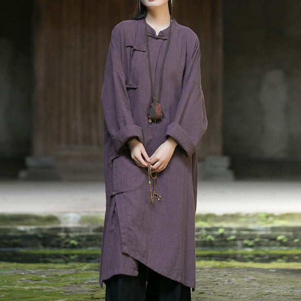 Buddha Stones Solid Color Frog-Button Long Sleeve Ramie Linen Cotton Midi Dress With Pockets Midi Dress BS Purple US4-12，UK/AU8-16，EU36-44 (F)