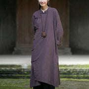 Buddha Stones Solid Color Frog-Button Long Sleeve Ramie Linen Cotton Midi Dress With Pockets Midi Dress BS 22